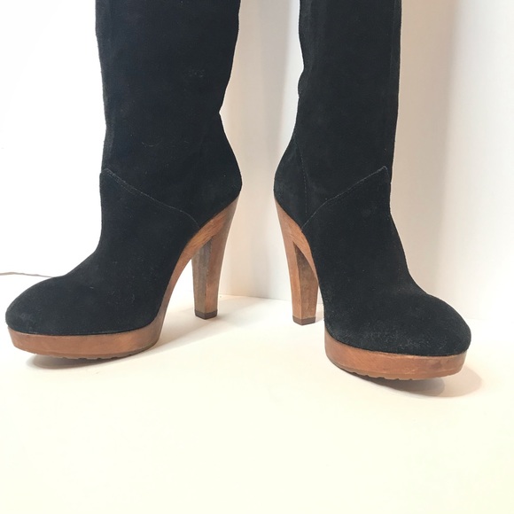 KORS Tall Black Suede Genuine Wood Platform Boots - Picture 7 of 15
